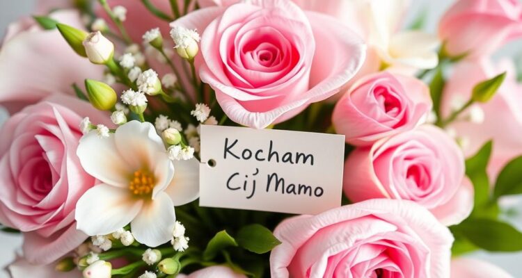 Bukiet kwiatów z kartką z napisem Kocham Cię Mamo