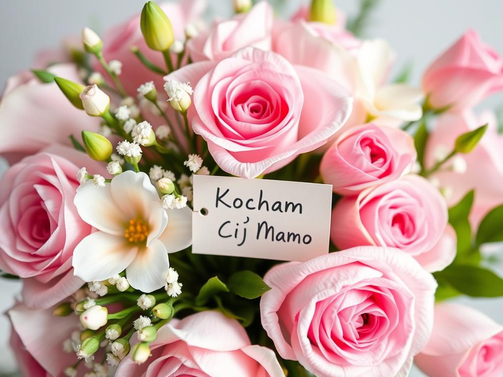 Bukiet kwiatów z kartką z napisem Kocham Cię Mamo
