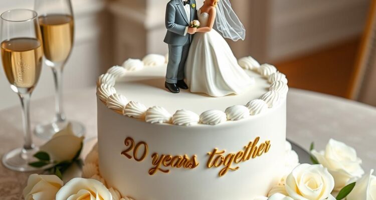Elegancki tort na 20 rocznicę ślubu ozdobiony porcelanowymi figurkami pary młodej i złotym napisem '20 lat razem'