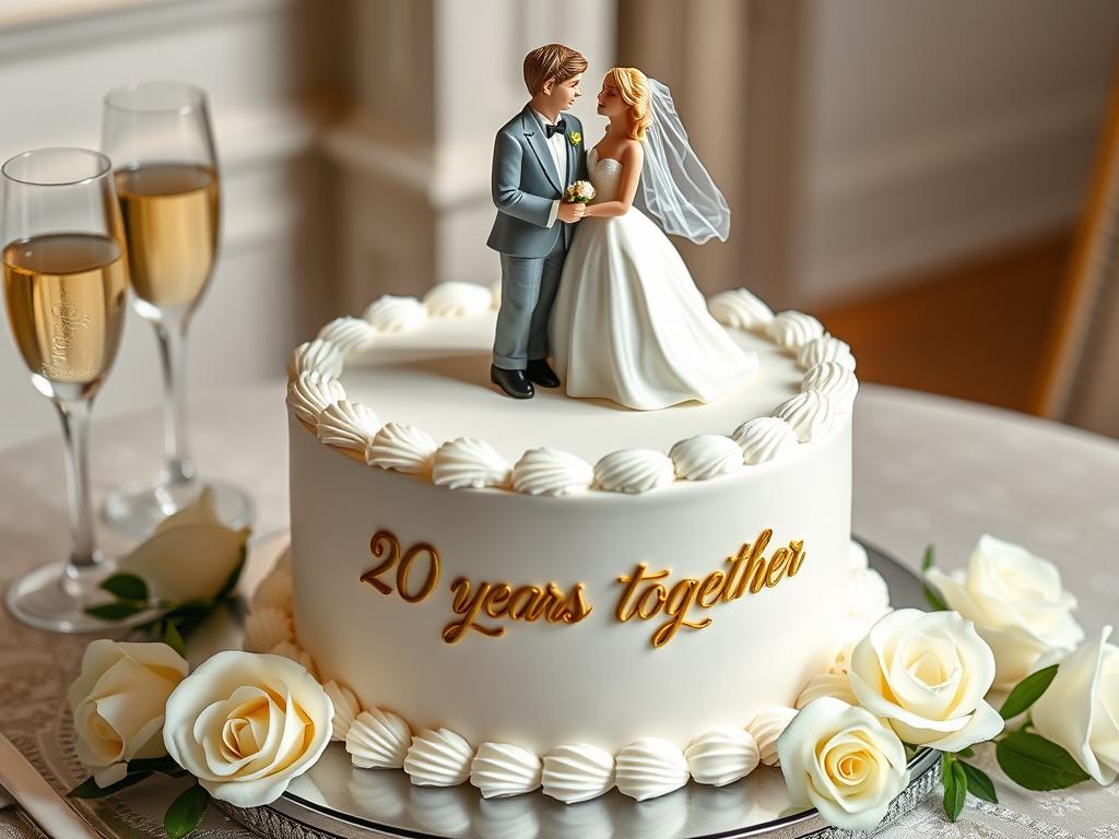 Elegancki tort na 20 rocznicę ślubu ozdobiony porcelanowymi figurkami pary młodej i złotym napisem '20 lat razem'