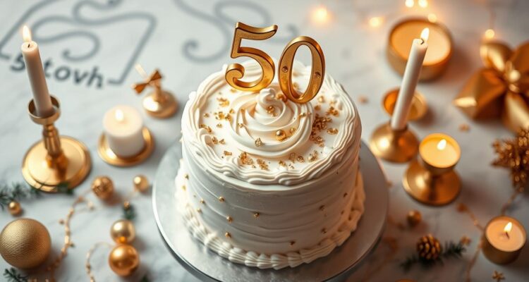 Elegancki tort urodzinowy z cyfrą 50 i złotymi dekoracjami na 50 urodziny