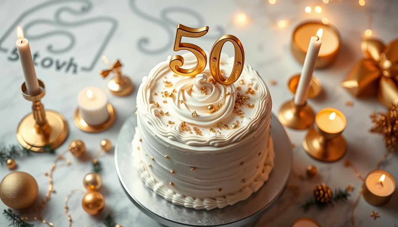 Elegancki tort urodzinowy z cyfrą 50 i złotymi dekoracjami na 50 urodziny
