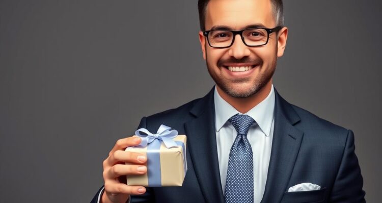 Elegancko ubrany mężczyzna z prezentem na dzień mężczyzny