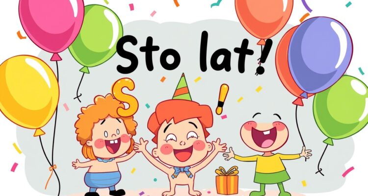 Kolorowa ilustracja przedstawiająca śmieszne wierszyki z balonami i napisem Sto lat!