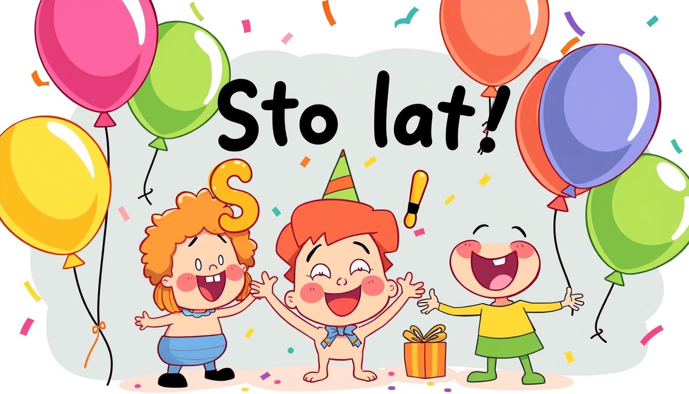 Kolorowa ilustracja przedstawiająca śmieszne wierszyki z balonami i napisem Sto lat!