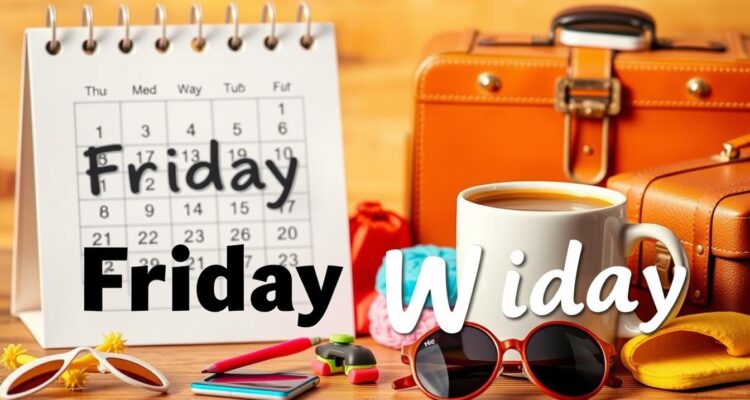 Życzenia na piątek - filiżanka kawy, kalendarz z zaznaczonym piątkiem i pozytywne symbole weekendu