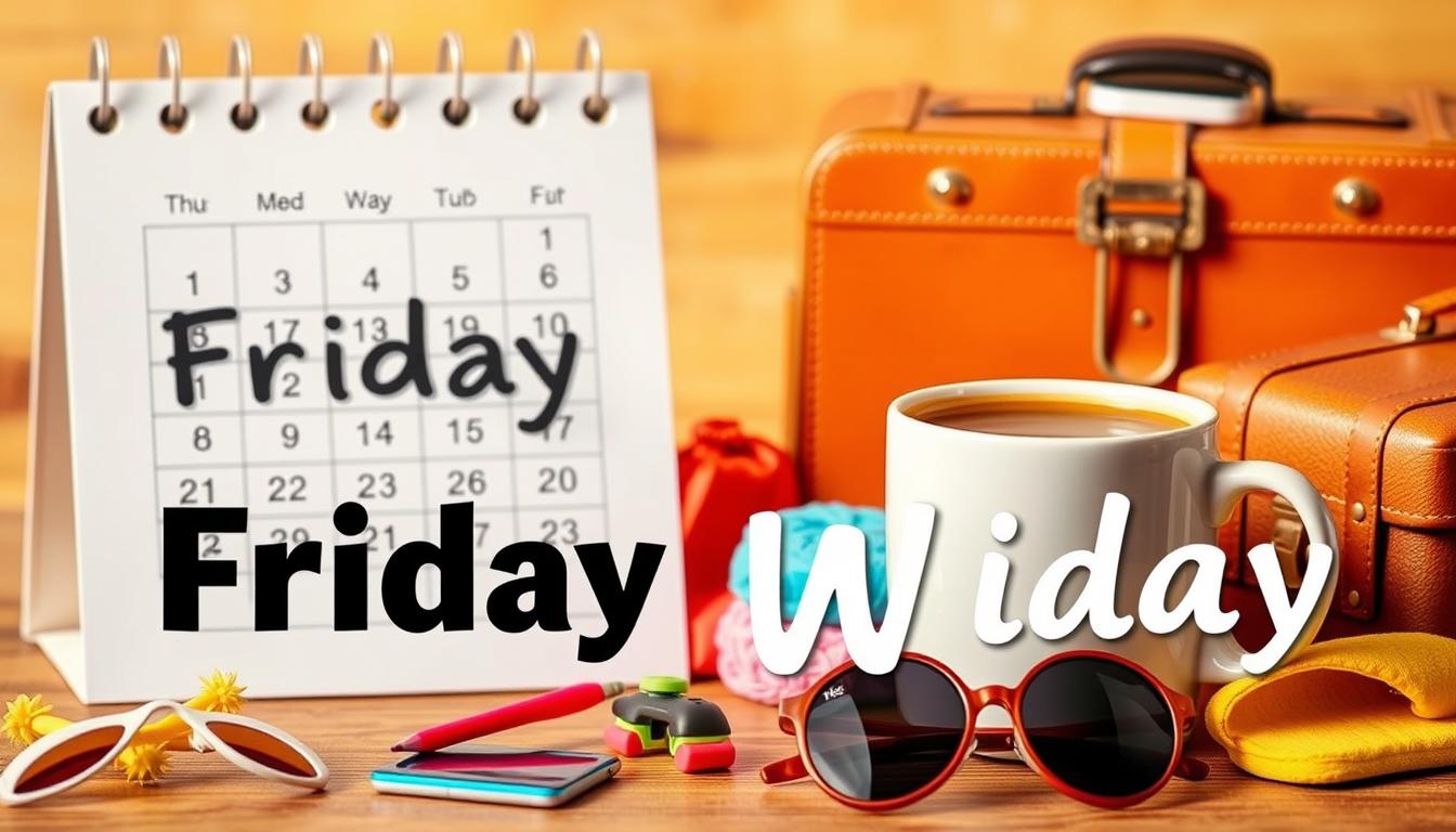 Życzenia na piątek - filiżanka kawy, kalendarz z zaznaczonym piątkiem i pozytywne symbole weekendu